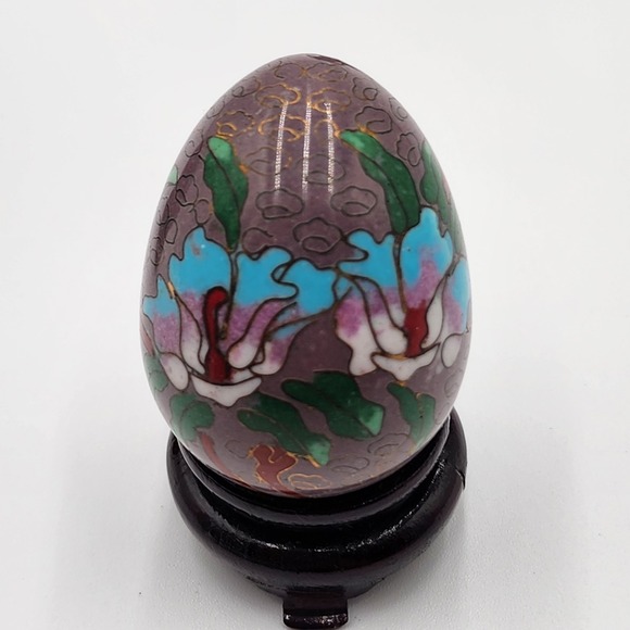 Vintage Chinese Cloisonne Satsuma Egg Figurines 3 Intricate Floral Wooden Stands - Picture 6 of 10